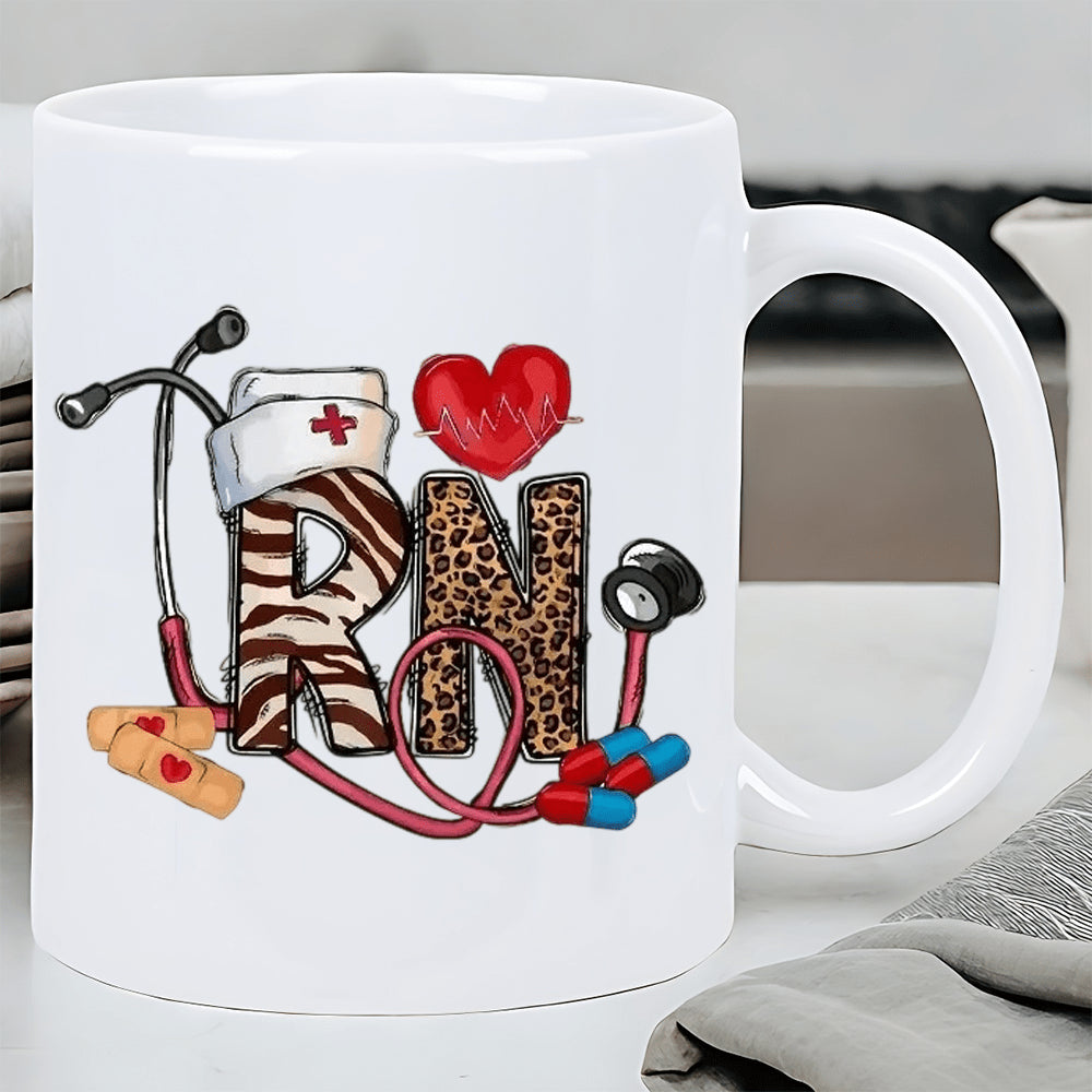 Tailorly White Ceramic 11 oz Mug - RN Leopard Zebra Printed Letters With Medical Stethoscope And Nurse Hat Pattern