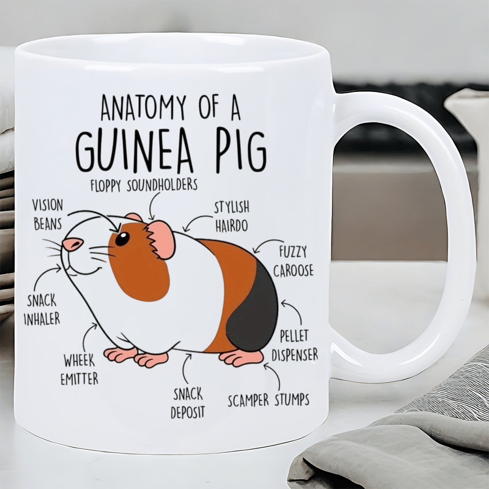 Tailorly White Ceramic 11 oz Mug - Anatomy Of A Guinea Pig Cute Hand Drawn Cartoon Pet Character Showing Funny Detailed Anatomy Guinea Pig