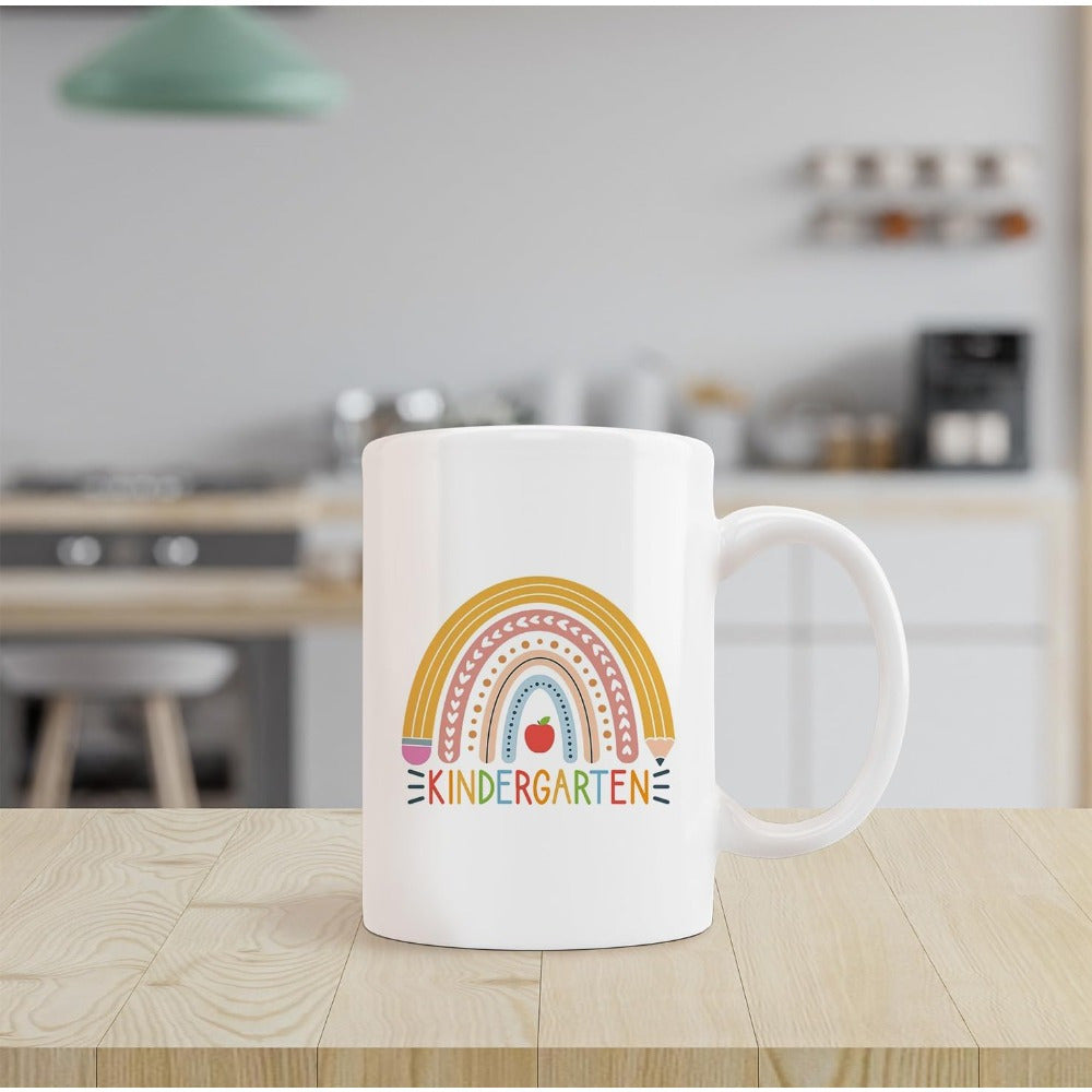 Tailorly White Ceramic 11 oz Mug - Kindergarten Playful Hand Drawn Pencil Rainbow Arched Over A Sweet Red Apple Mug