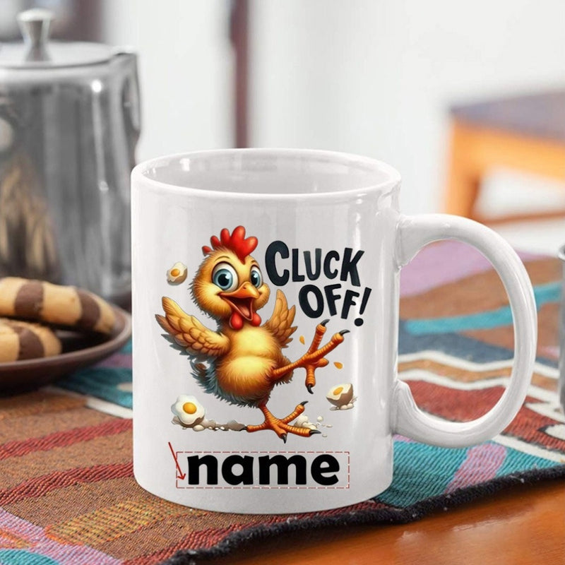 Tailorly White Ceramic 11 oz Mug - Cluck Off Name Animated Yellow Chick Jumping Happily Among Broken White Eggshell Pieces Chicken