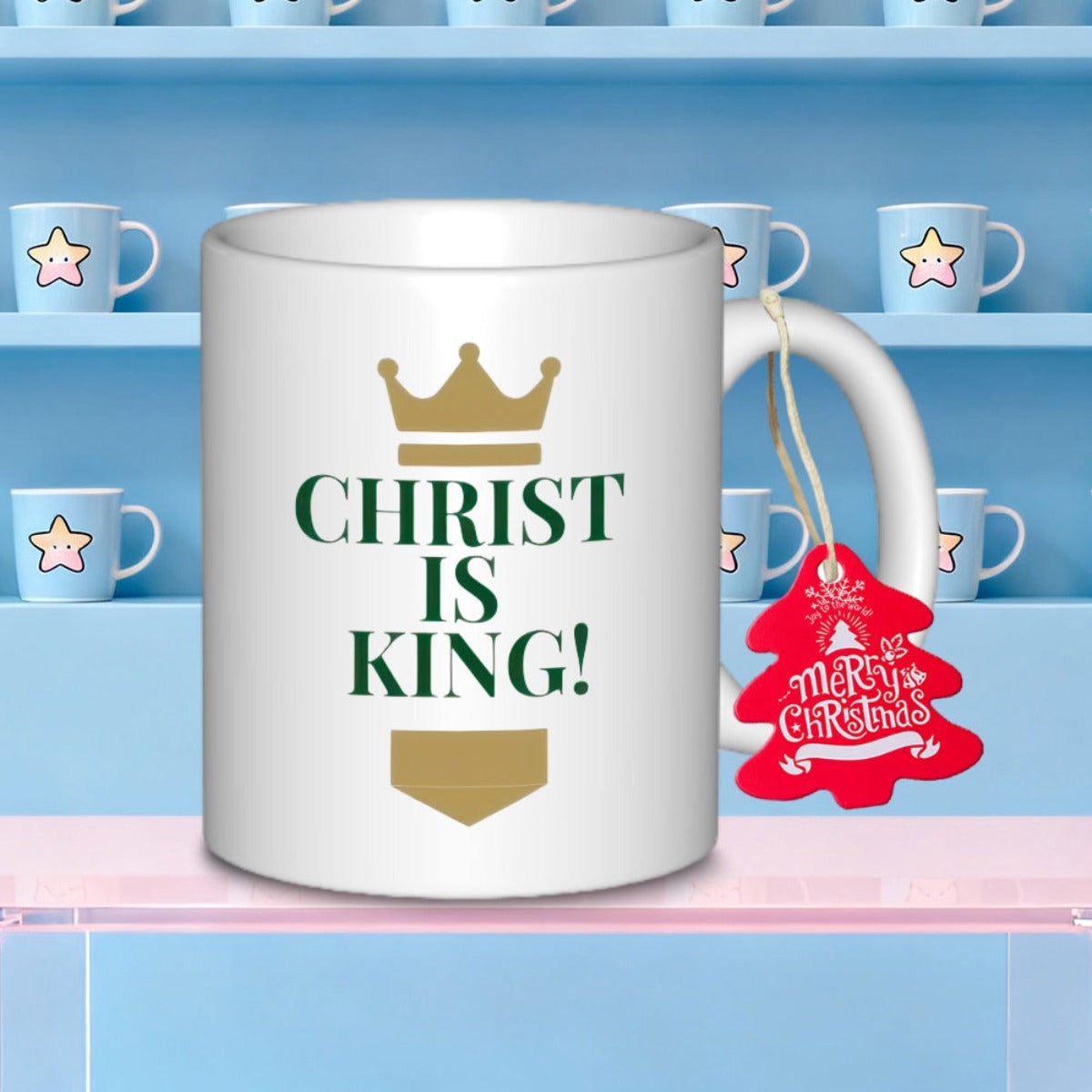 Tailorly White Ceramic 11 oz Mug - Christ Is King Elegant Golden Royal Crown Featuring Dark Green Bold Text And Symmetrical Banner Crown