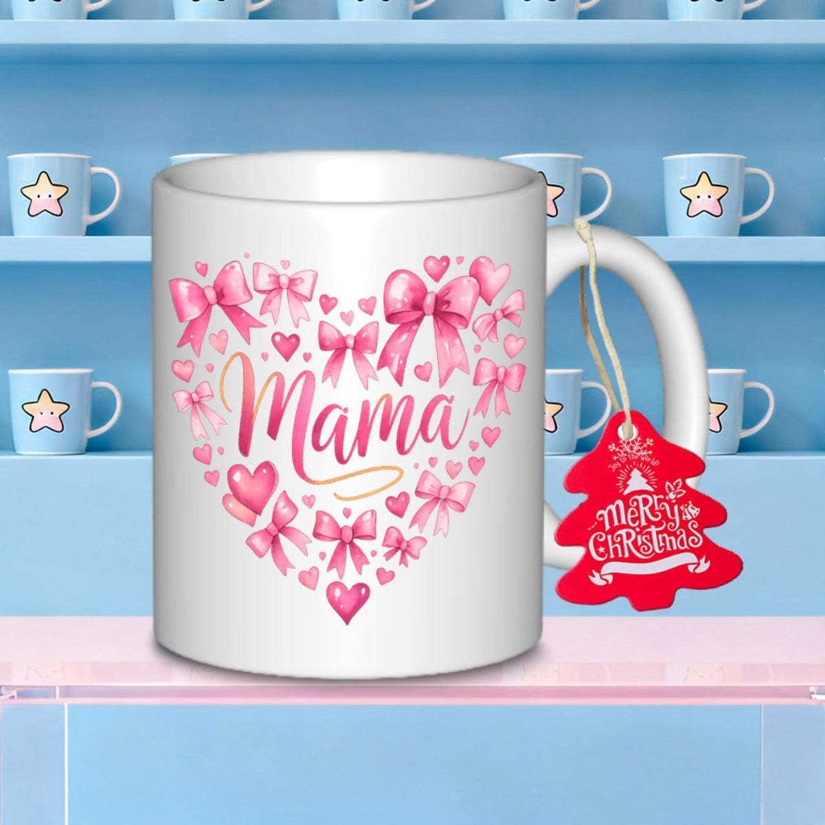 Tailorly White Ceramic 11 oz Mug - Mama Merry Christmas Pink Watercolor Ribbons And Dainty Bows Forming A Beautiful Loving Heart