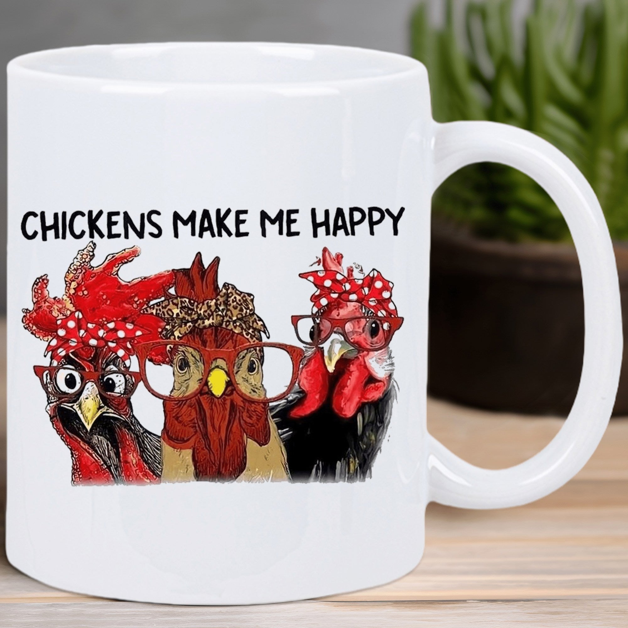 Tailorly White Ceramic 11 oz Mug - Chickens Make Me Happy Three Stylized Farm Birds Wearing Glasses And Red Bandanas Chicken