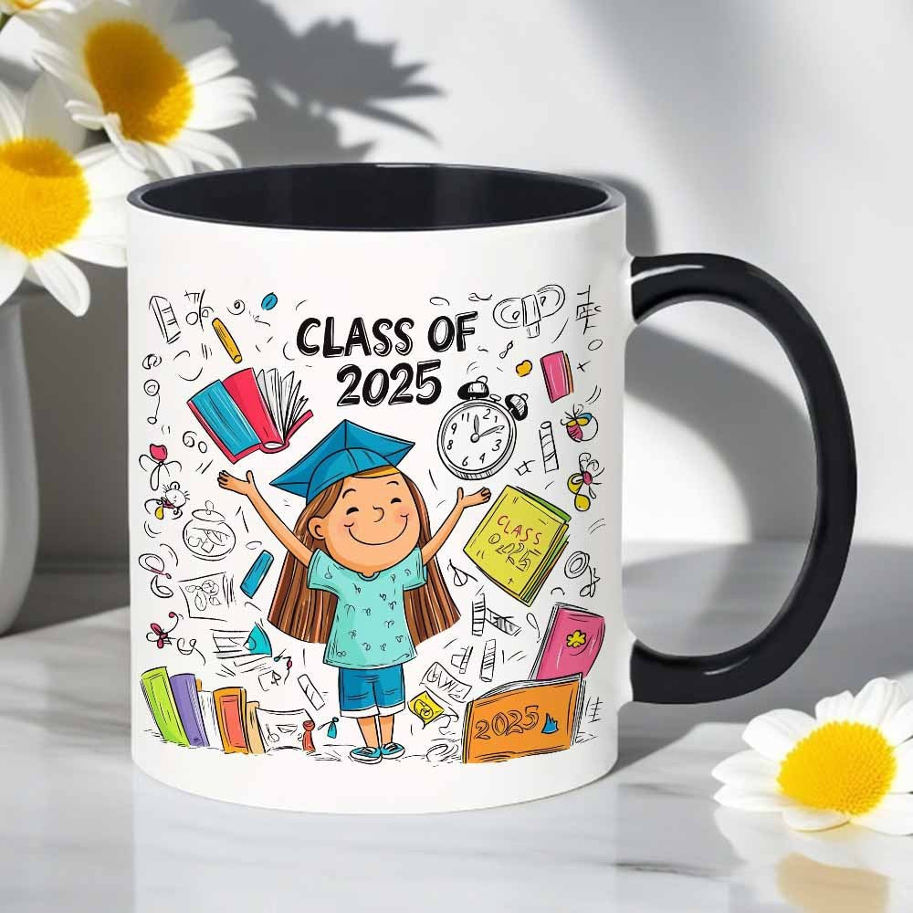 Tailorly Black Accent 11 oz Mug - class of 2025 girl graduation colorful illustration