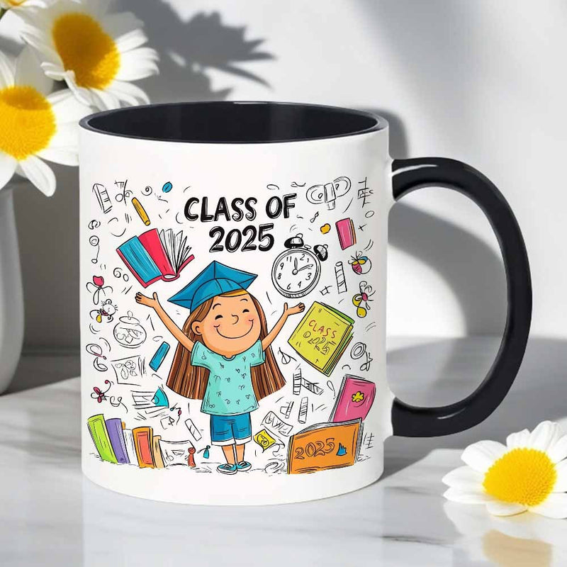 Tailorly Black Accent 11 oz Mug - class of 2025 girl graduation colorful illustration