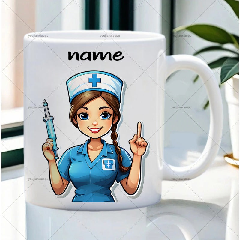 Tailorly White Ceramic 11 oz Mug - Name Smiling Medical Professional Wearing Blue Uniform Holding A Large Syringe Nurse