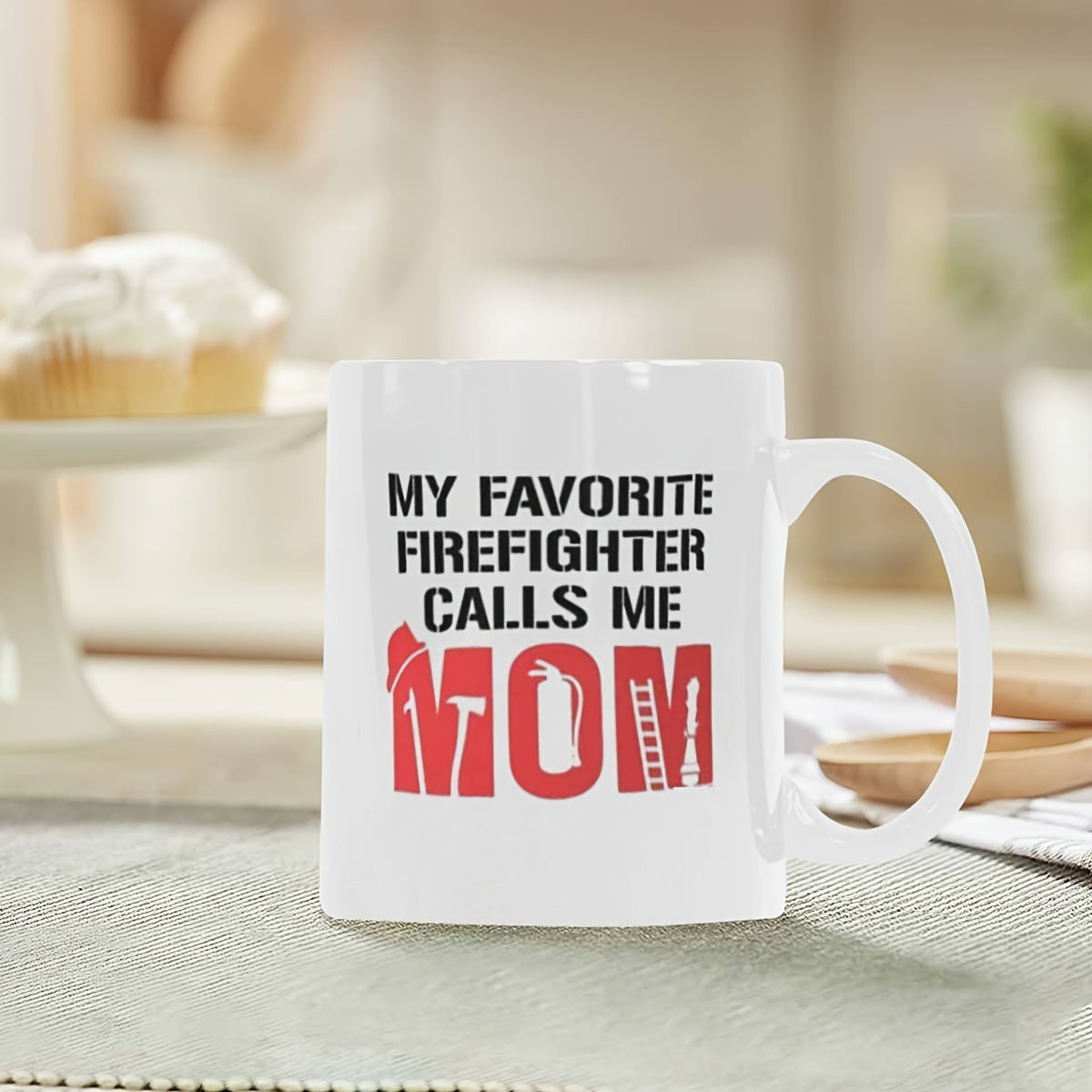 Tailorly White Ceramic 11 oz Mug - My Favorite Firefighter Calls Me Mom Bold Red Letters Featuring Axe Helmet And Fire Extinguisher Sign