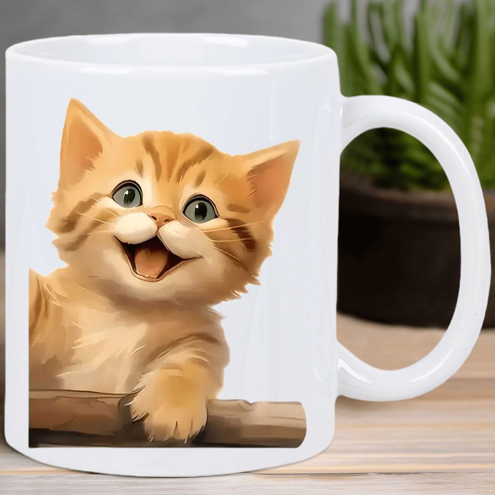 Tailorly White Ceramic 11 oz Mug - Adorable Smiling Ginger Tabby Peeking Over A Rustic Wooden Ledge Kitten