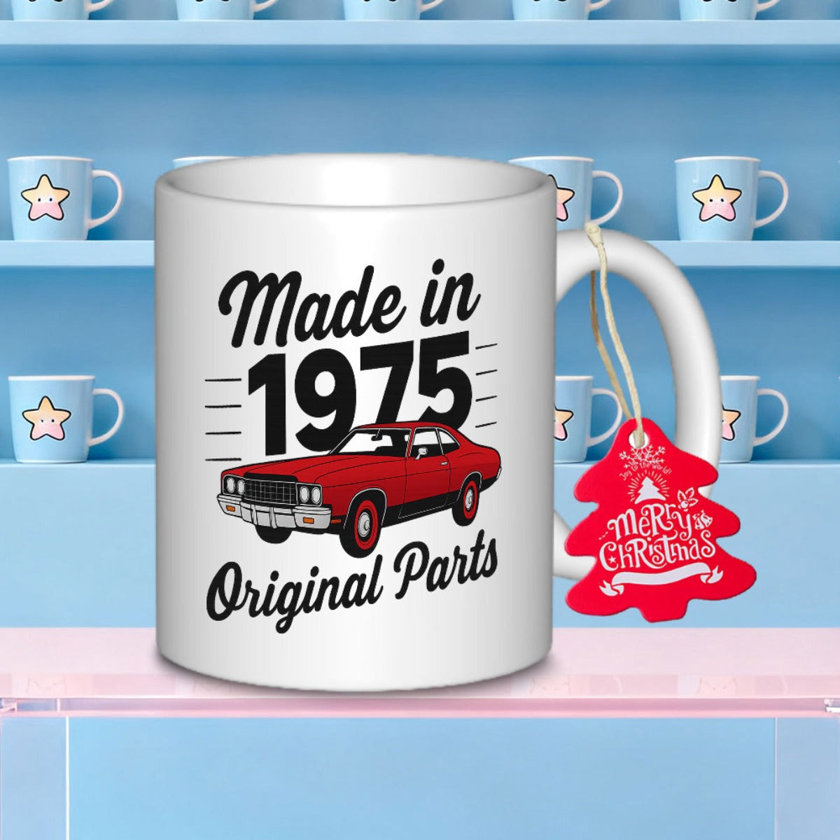 Tailorly White Ceramic 11 oz Mug - Made In 1975 Original Parts Sleek Red Vintage Muscle Car Featuring Classic Retro Design Details Car