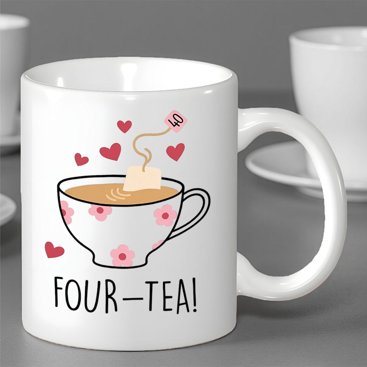Tailorly White Ceramic 11 oz Mug - Four Tea Elegant Floral Pattern Cup With Steaming Tea And Floating Hearts Teacup