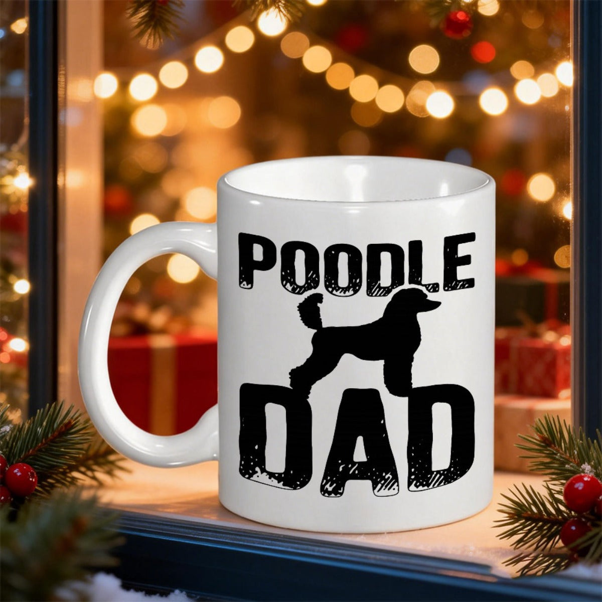 Tailorly White Ceramic 11 oz Mug - Poodle Dad Elegant Minimalist Standing Silhouette Of A Curly Haired Purebred Poodle