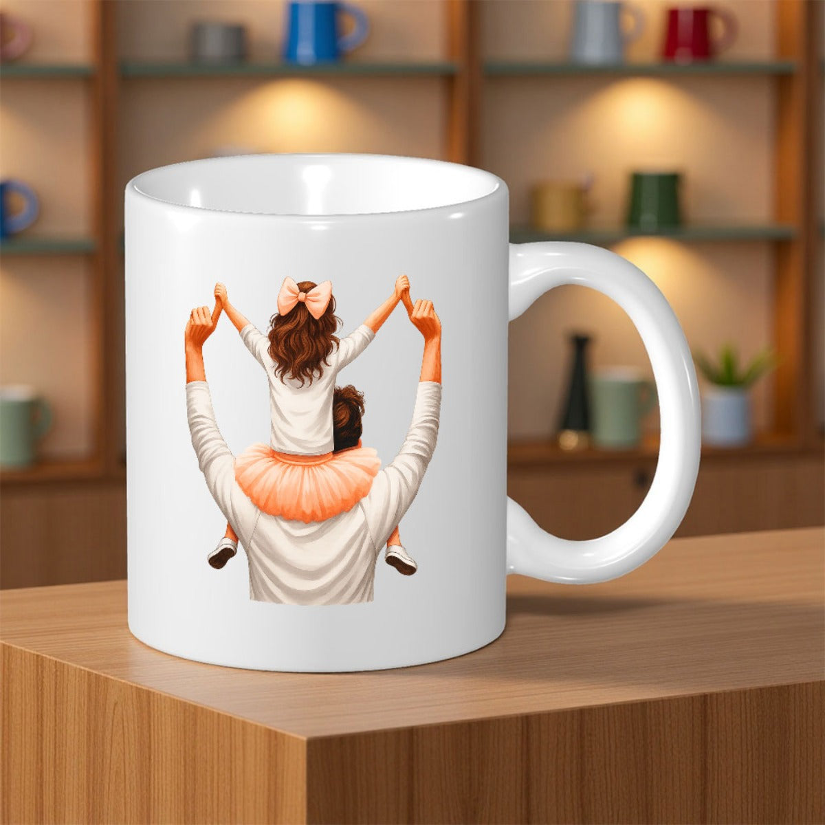 Tailorly White Ceramic 11 oz Mug - Loving Father Carrying Young Daughter Wearing A Pink Tutu Skirt Father