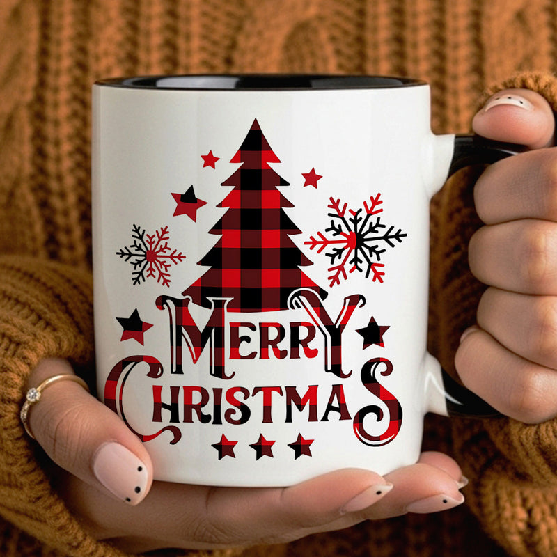 Tailorly Black Accent 11 oz Mug - christmas tree and snowflake