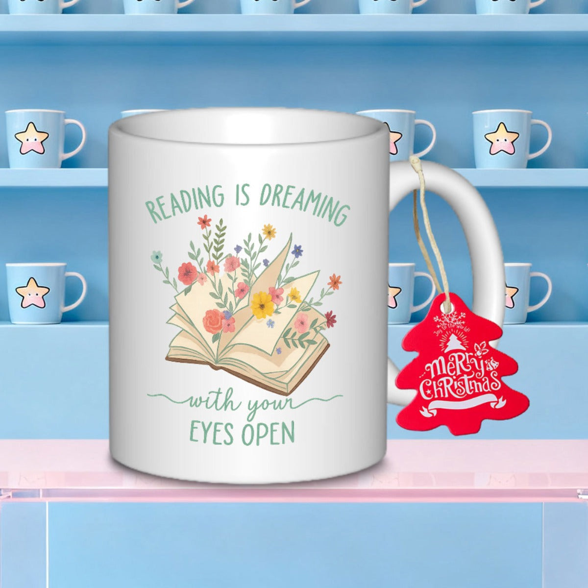 Tailorly White Ceramic 11 oz Mug - Reading Is Dreaming With Your Eyes Open Artistic Open Book Featuring Vibrant Blooming Flowers And Lush Green Foliage Book