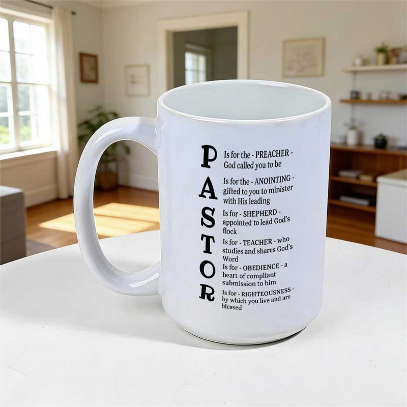 Tailorly White Ceramic 11 oz Mug - Pastor Preacher Anointing Shepherd Teacher Obedience Righteousness Minimalist Vertical Lettering On A Clean White Porcelain
