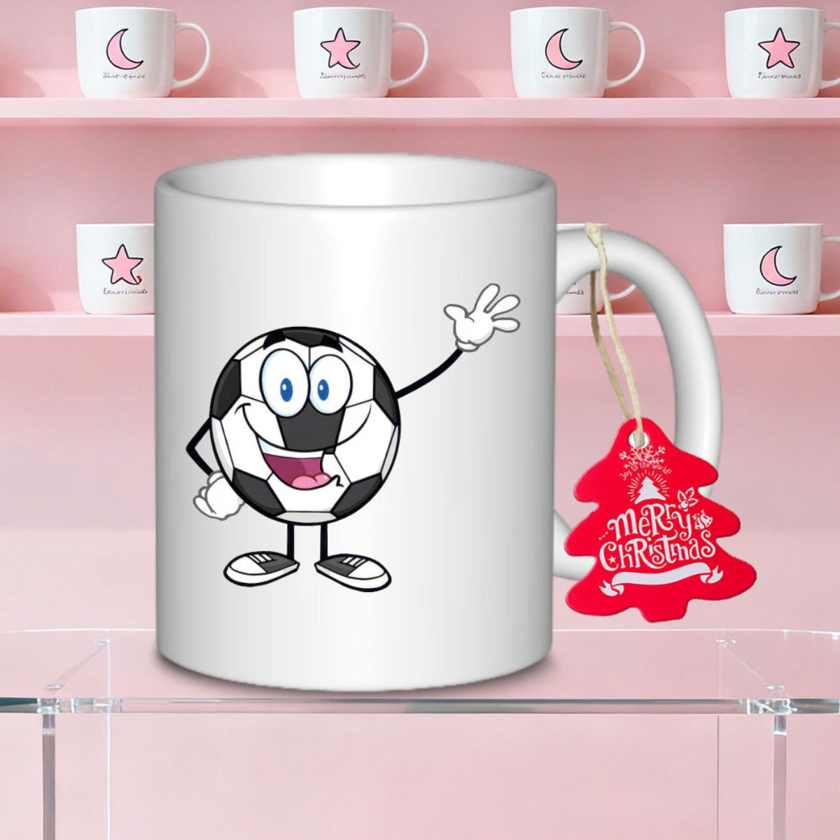 Tailorly White Ceramic 11 oz Mug - Merry Christmas Friendly Cartoon Character With Waving Hands And Athletic Shoes Soccer Ball