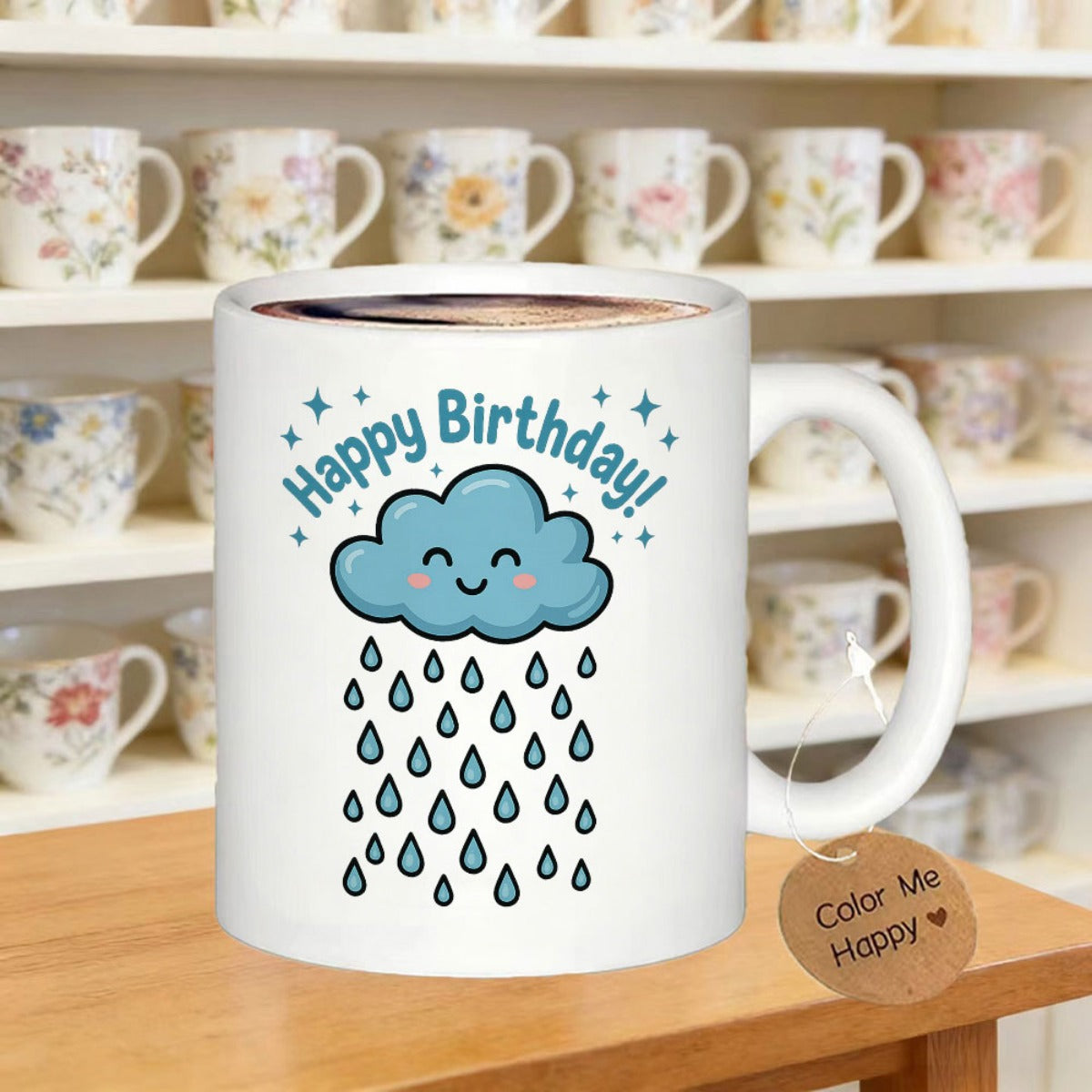 Tailorly White Ceramic 11 oz Mug - Happy Birthday Smiling Blue Cartoon Cloud Floating With Tiny Raindrops And Twinkling Stars Cloud