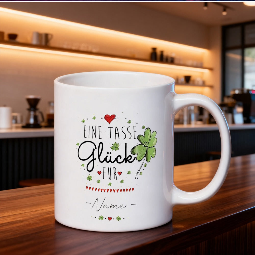 Tailorly White Ceramic 11 oz Mug - Vibrant Green Four Leaf Foliage Among Delicate Floating Red Hearts Lucky Clover