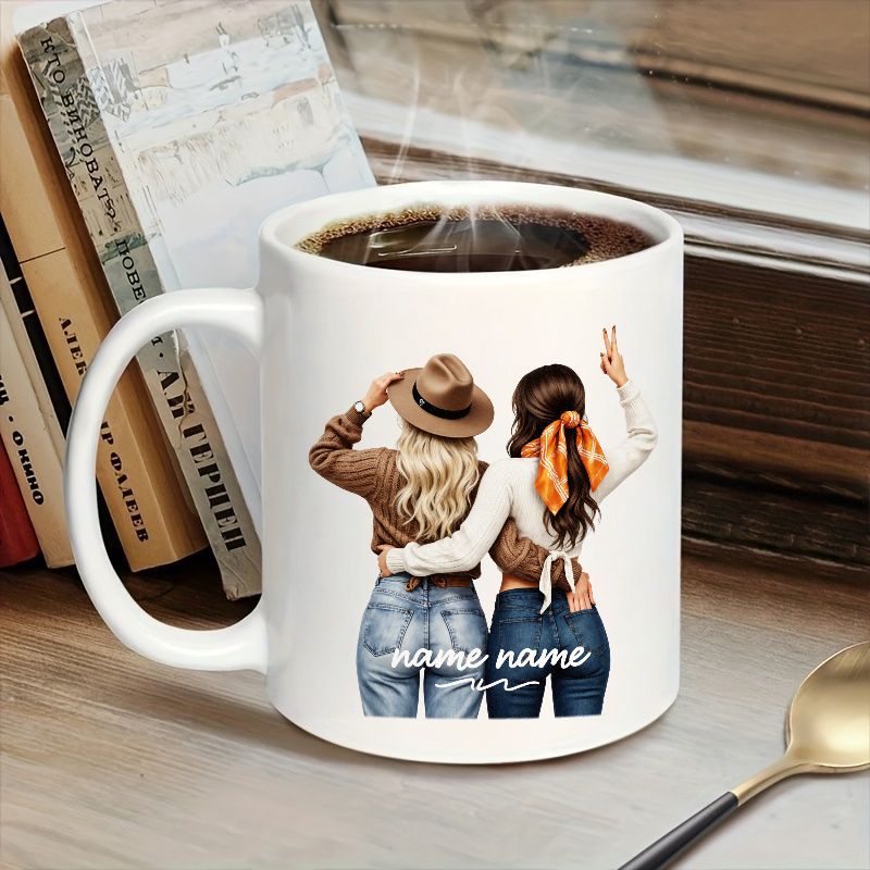 Tailorly White Ceramic 11 oz Mug - Name Name Two Ladies Hugging Each Other While Wearing Fashionable Casual Autumn Clothes Friend