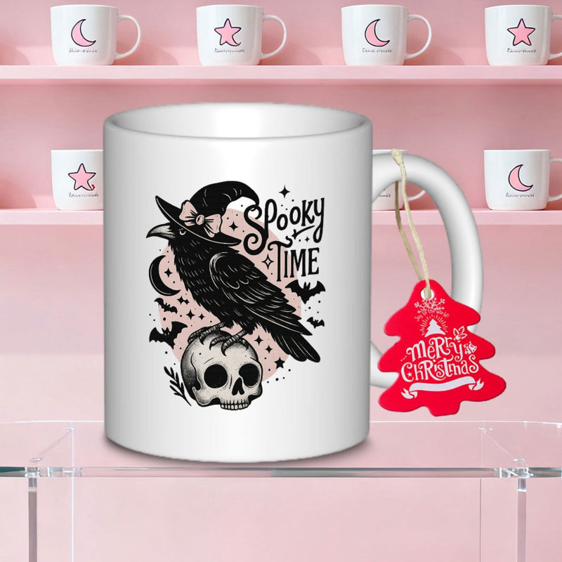 Tailorly White Ceramic 11 oz Mug - Spooky Time Dark Feathered Witch Hat Perched On A Bleached White Skull Crow