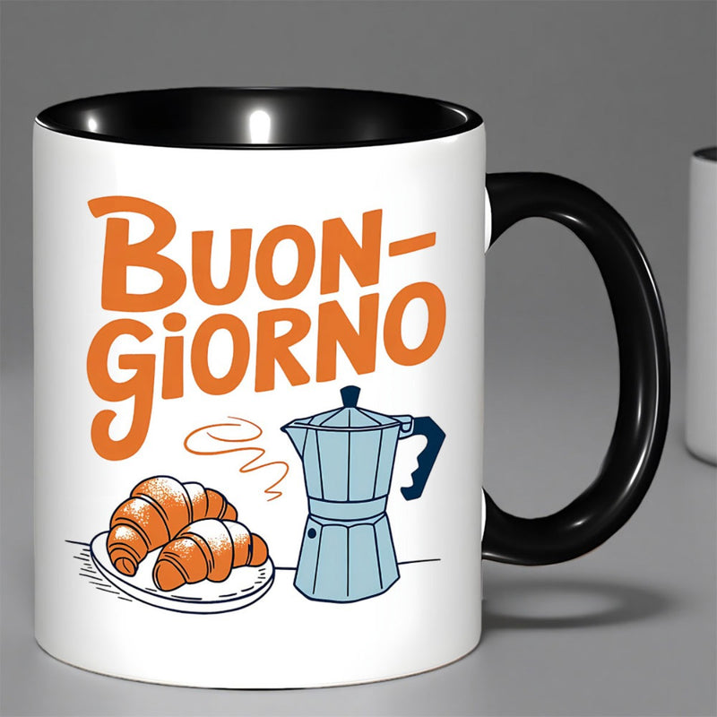Tailorly Black Accent 11 oz Mug - italian themed coffee mug with croissant pot design italian meaning morning