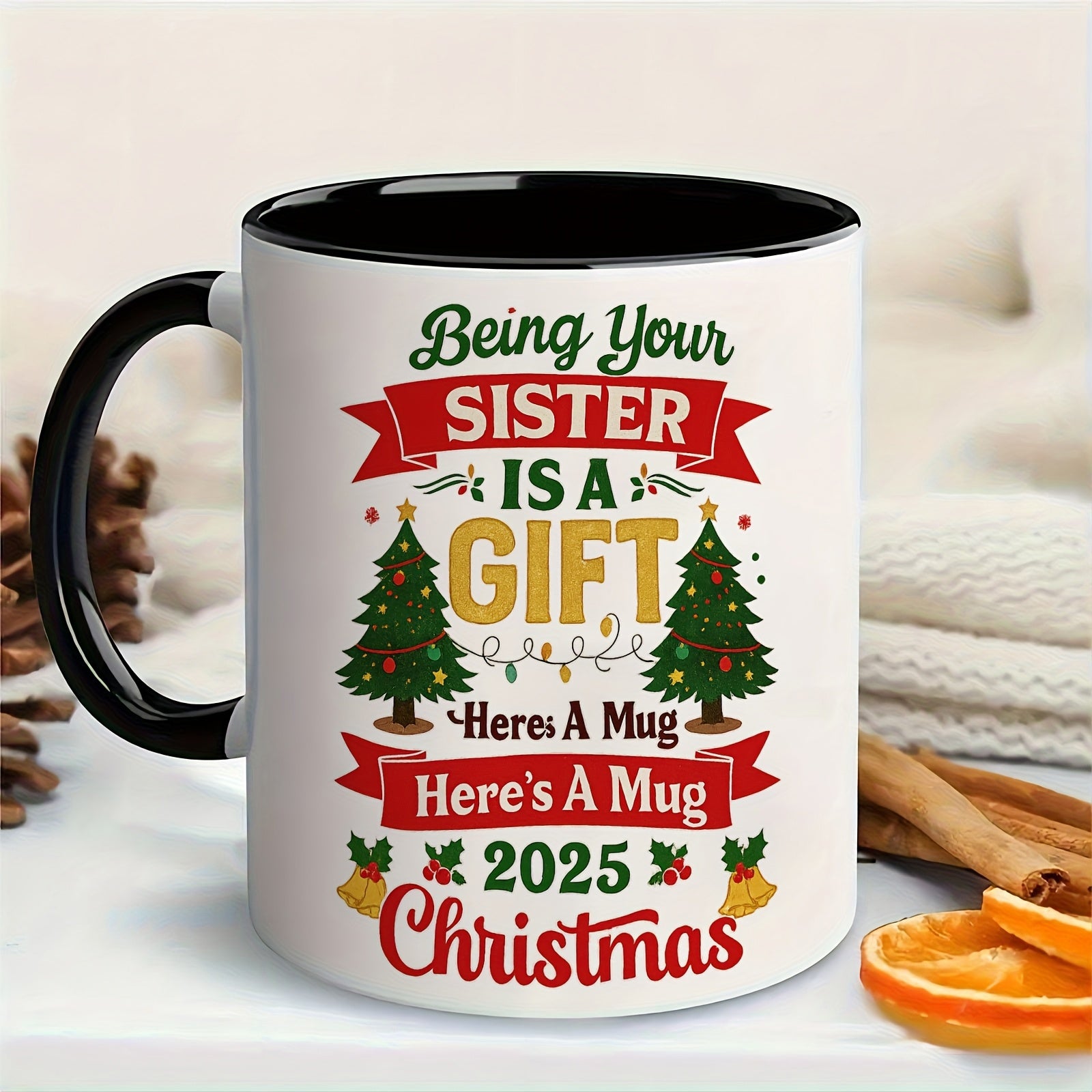 Tailorly Black Accent 11 oz Mug - being your sister message christmas tree 2025 year design