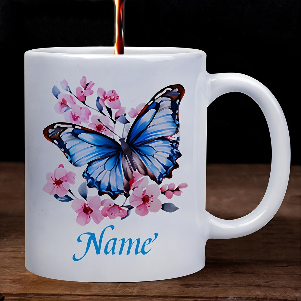 Tailorly White Ceramic 11 oz Mug - Name Elegant Blue Wings Resting Among Delicate Pink Spring Cherry Flowers Butterfly