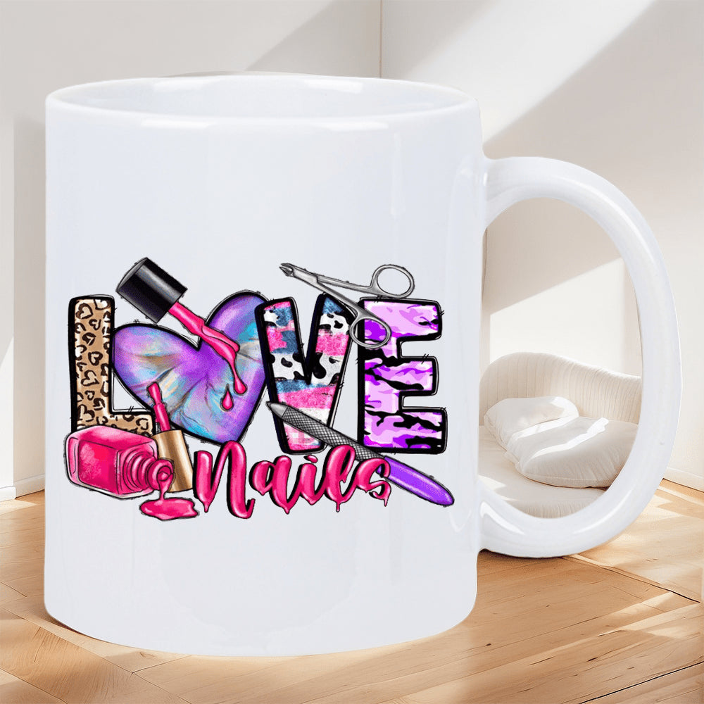 Tailorly White Ceramic 11 oz Mug - Love Nails Colorful Leopard And Floral Textures With Manicure Tools Pattern