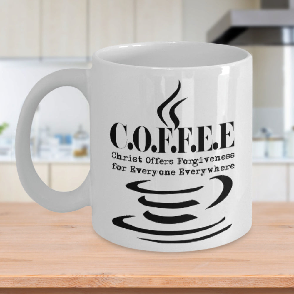 Tailorly White Ceramic 11 oz Mug - Coffee Christ Offers Forgiveness For Everyone Everywhere Minimalist Abstract Lines Forming A Steaming Hot Beverage Cup