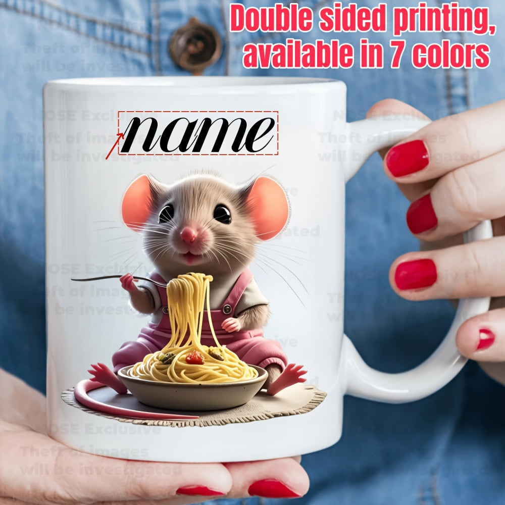 Tailorly White Ceramic 11 oz Mug - Name Adorable Cartoon Mouse Wearing Pink Overalls Eating Delicious Spaghetti From Bowl Mouse