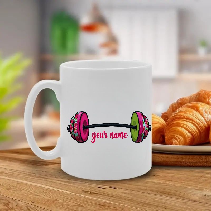 Tailorly White Ceramic 11 oz Mug - Your Name Vibrant Pink And Green Weighted Plates Attached To A Black Barbell