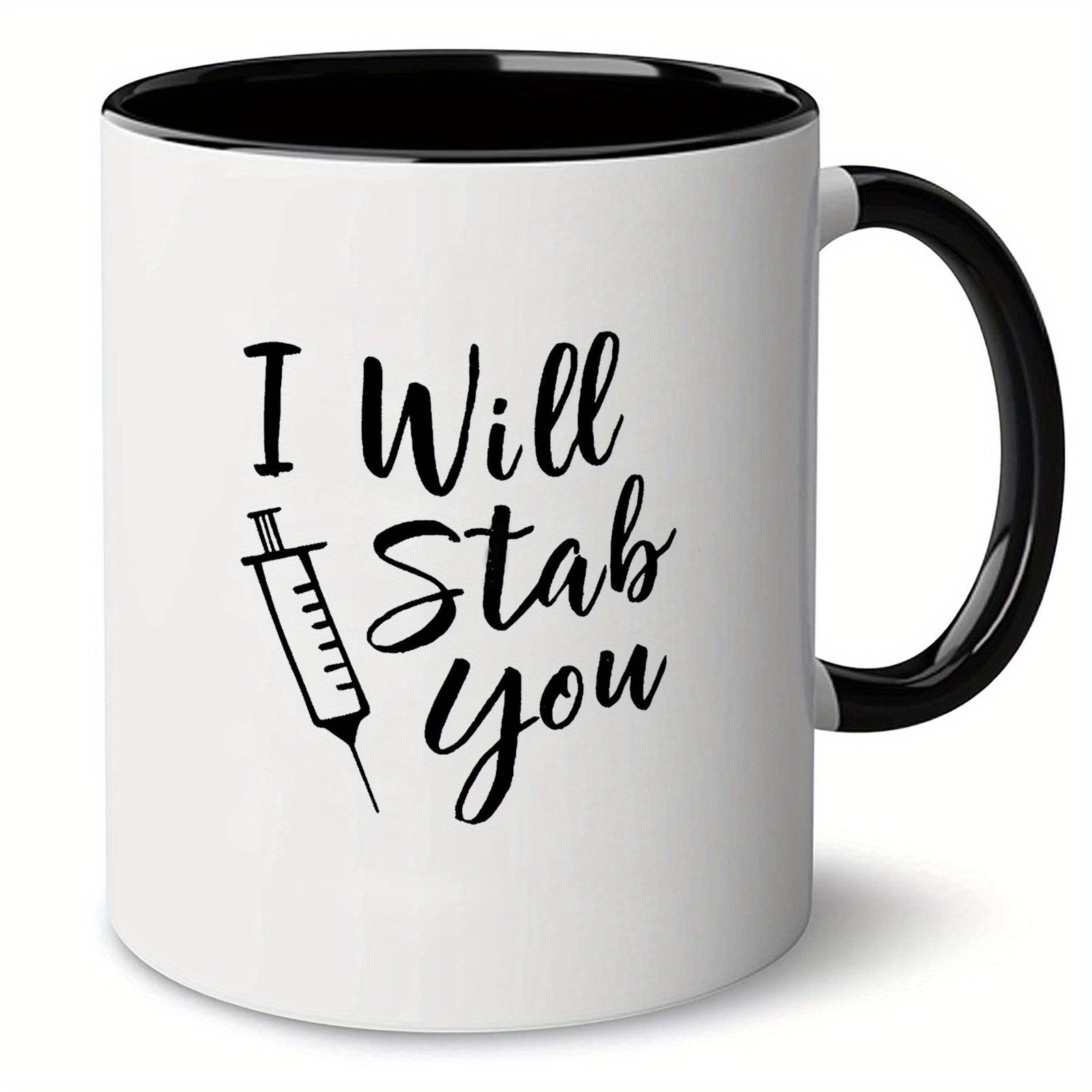 Tailorly Black Accent 11 oz Mug - funny "ill stab you" text with a knife illustration
