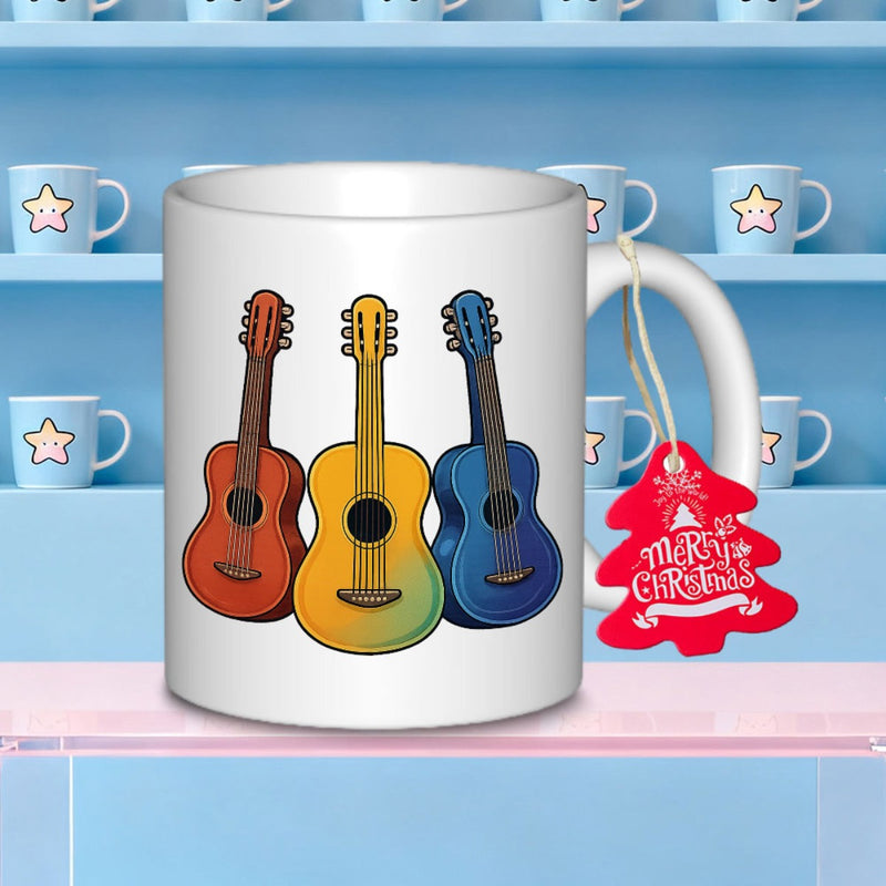Tailorly White Ceramic 11 oz Mug - Merry Christmas Vibrant Red Yellow And Blue Musical Instruments Arranged Side By Side Guitar