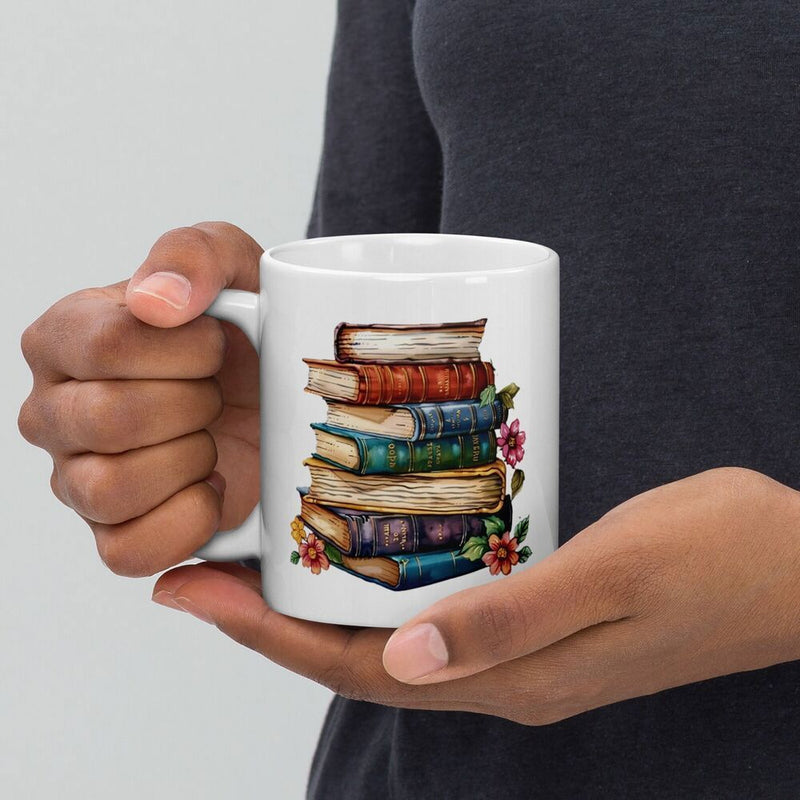 Tailorly White Ceramic 11 oz Mug - Vibrant Watercolor Style Stacked Antique Hardcovers With Delicate Blooming Flowers Books