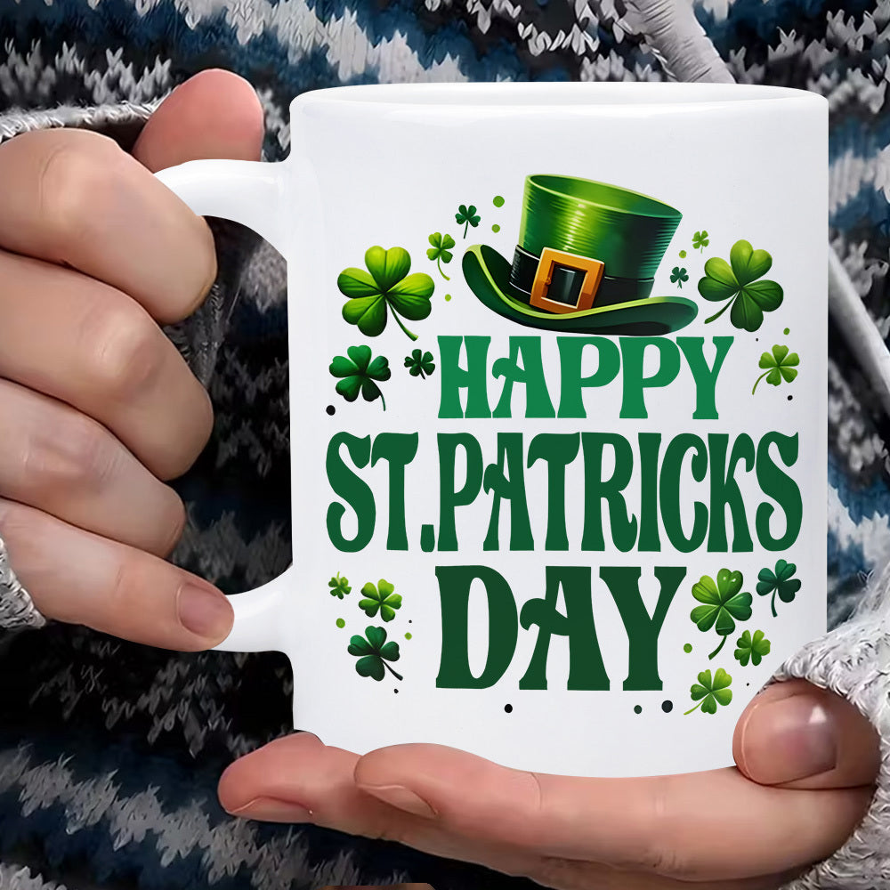 Tailorly White Ceramic 11 oz Mug - Happy St Patricks Day Festive Green Top Hat Surrounded By Lucky Vibrant Four Leaf Clovers Mug