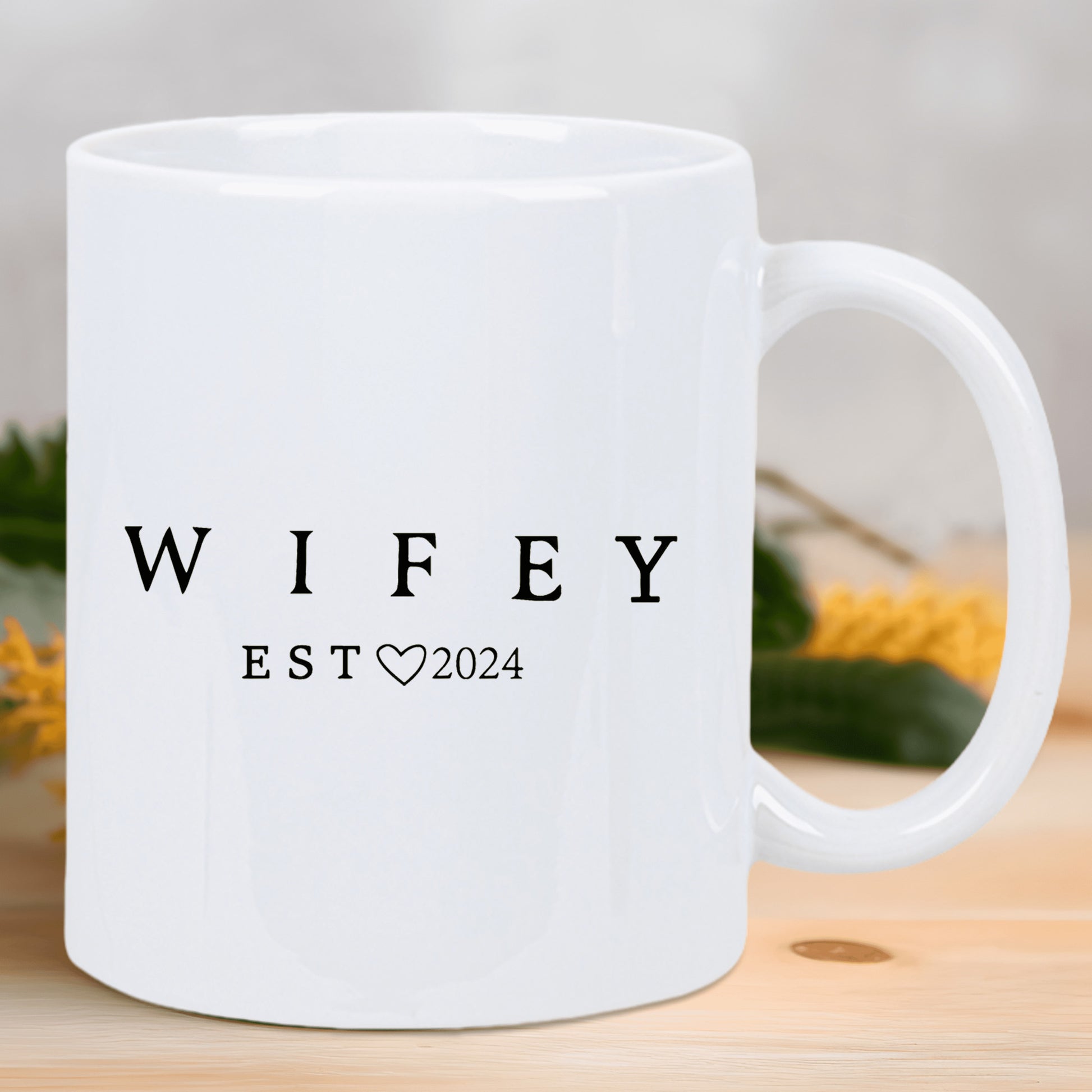 Tailorly White Ceramic 11 oz Mug - Wifey Est 2024 Elegant Minimalist Black Serif Lettering With A Decorative Small Heart
