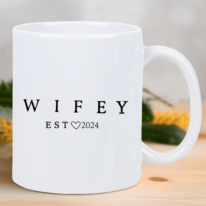 Tailorly White Ceramic 11 oz Mug - Wifey Est 2024 Elegant Minimalist Black Serif Lettering With A Decorative Small Heart