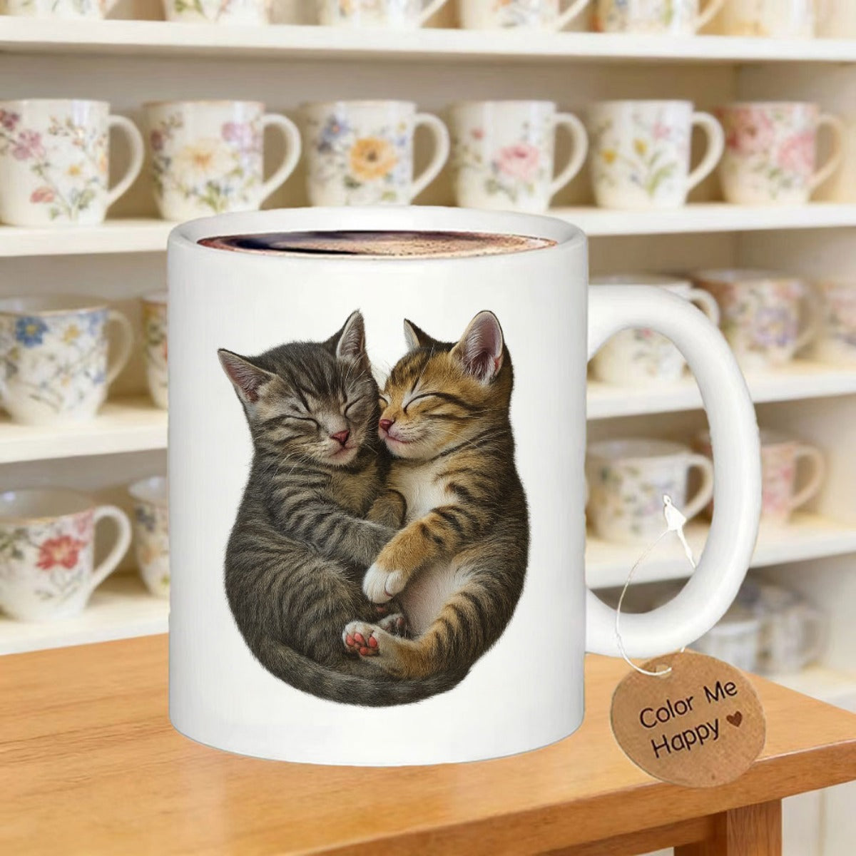 Tailorly White Ceramic 11 oz Mug - Color Me Happy Two Adorable Tabby Kittens Cuddling And Sleeping Quietly Kittens