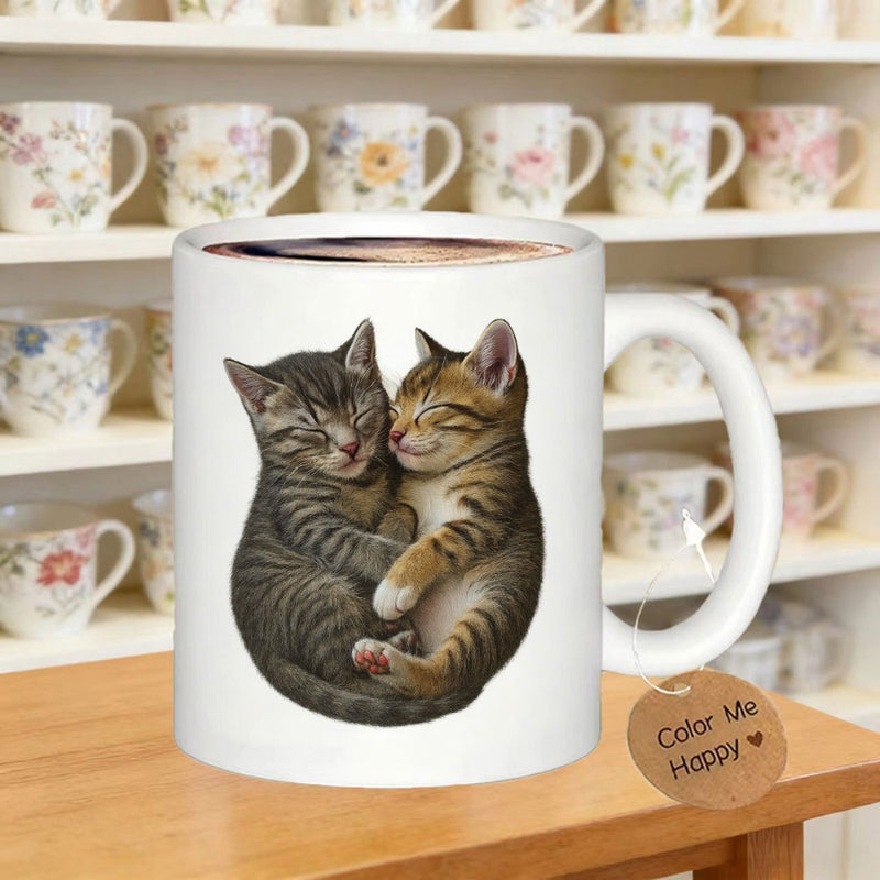 Tailorly White Ceramic 11 oz Mug - Color Me Happy Two Adorable Tabby Kittens Cuddling And Sleeping Quietly Kittens