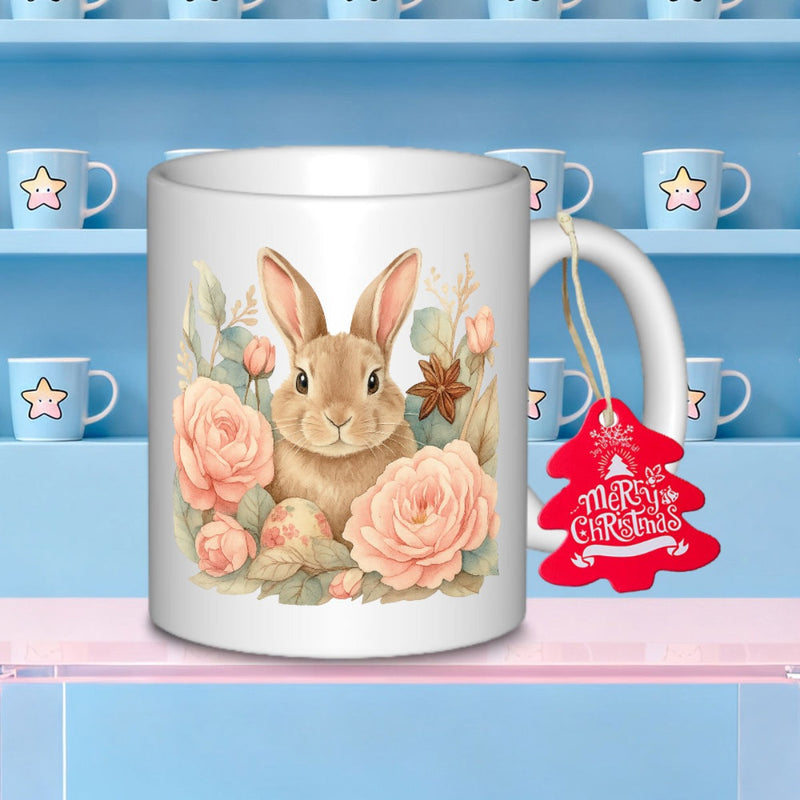 Tailorly White Ceramic 11 oz Mug - Merry Christmas Adorable Brown Bunny Surrounded By Blooming Peach Roses And Green Leaves Rabbit