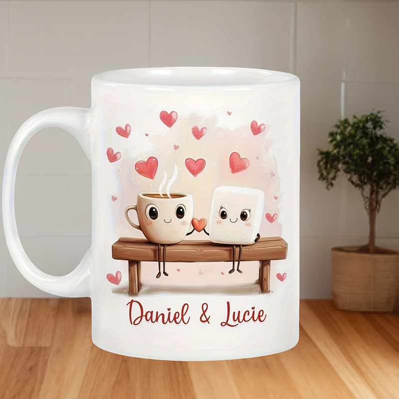 Tailorly White Ceramic 11 oz Mug - Daniel Lucie Whimsical Cartoon Cup And Marshmallow Sitting On A Bench Under Hearts Character
