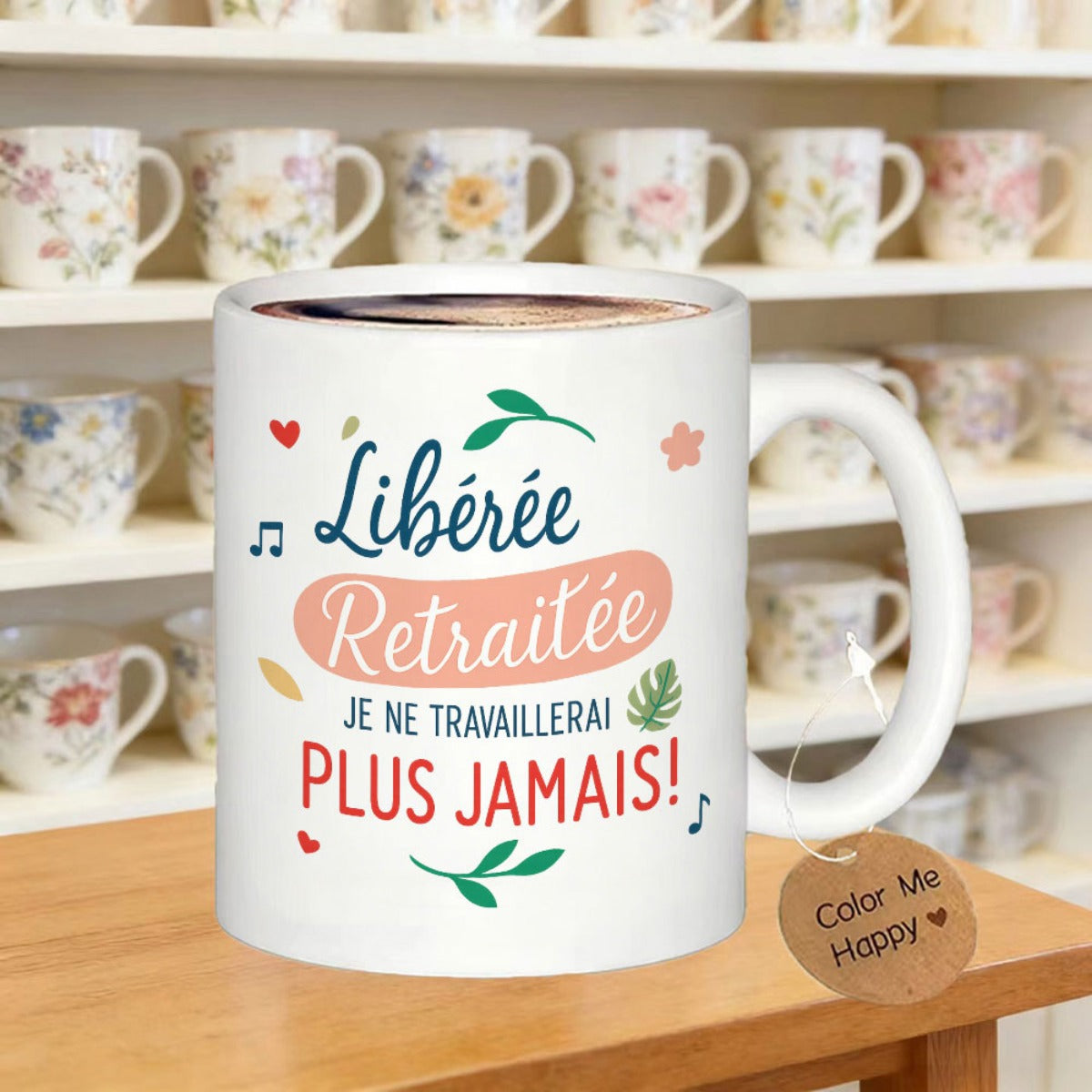 Tailorly White Ceramic 11 oz Mug - Color Me Happy Colorful Hearts And Green Leaves Together With Musical Note Elements Mug