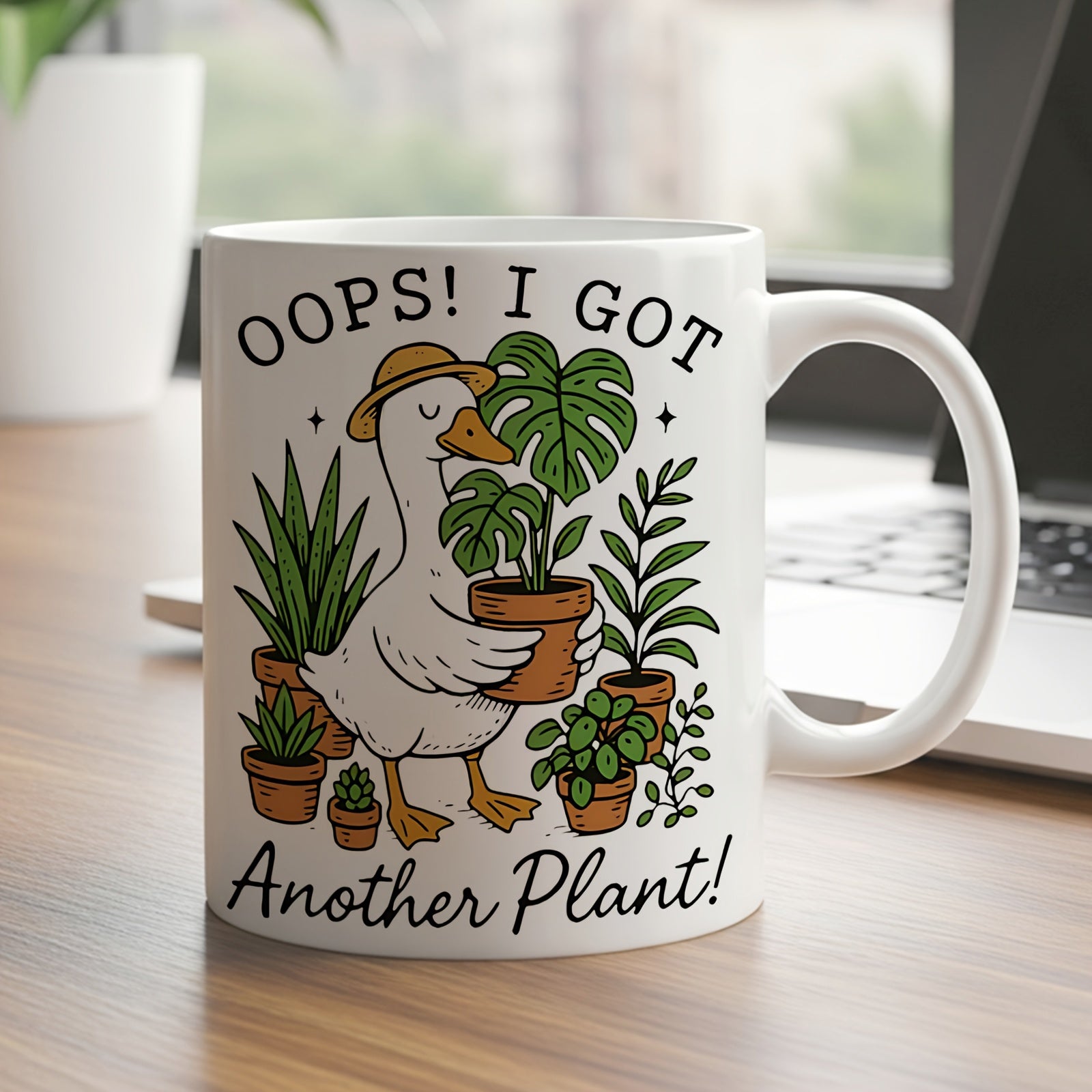 Tailorly White Ceramic 11 oz Mug - Oops I Got Another Plant Adorable White Bird Wearing Straw Hat Holding Monstera Deliciosa Pot Goose