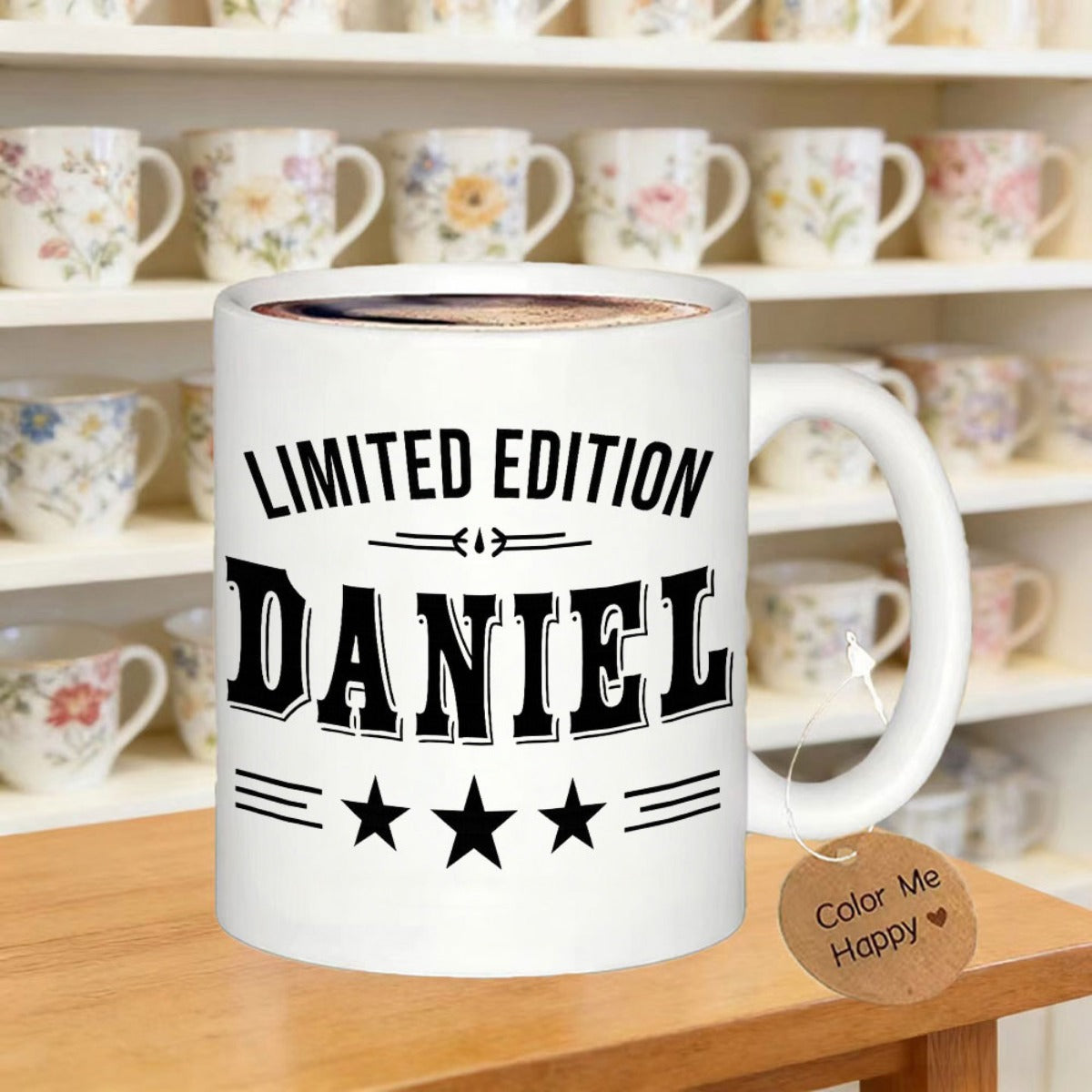 Tailorly White Ceramic 11 oz Mug - Limited Edition Daniel Simple Black Stars And Decorative Lines On Clean