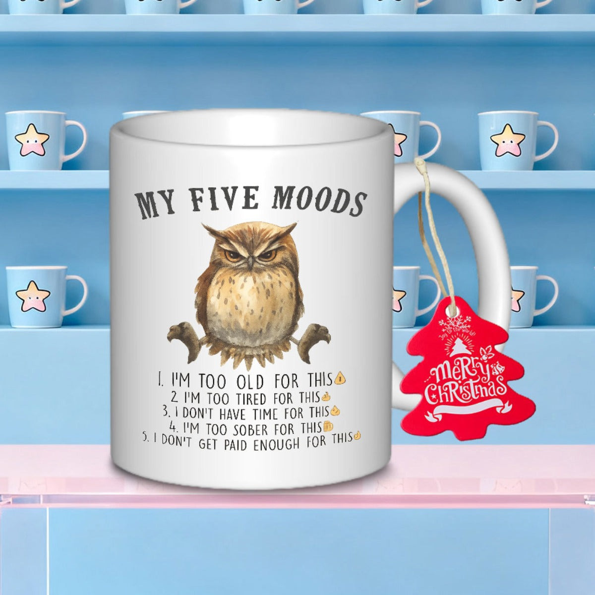 Tailorly White Ceramic 11 oz Mug - My Five Moods Grumpy Brown Bird Illustration Sitting Quietly On White Surface Owl