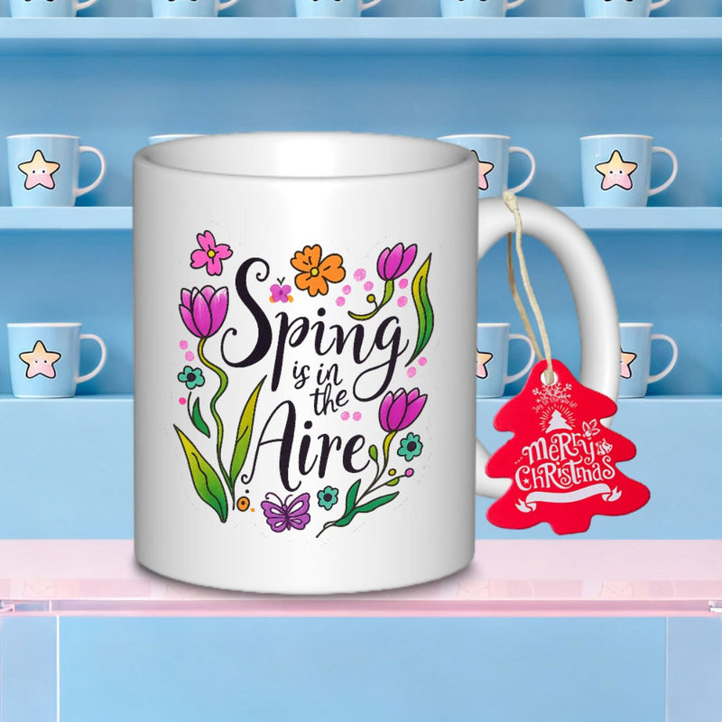 Tailorly White Ceramic 11 oz Mug - Spring Is In The Aire Vibrant Colorful Tulips With Butterflies Among Blooming Seasonal Green Leaves Flower
