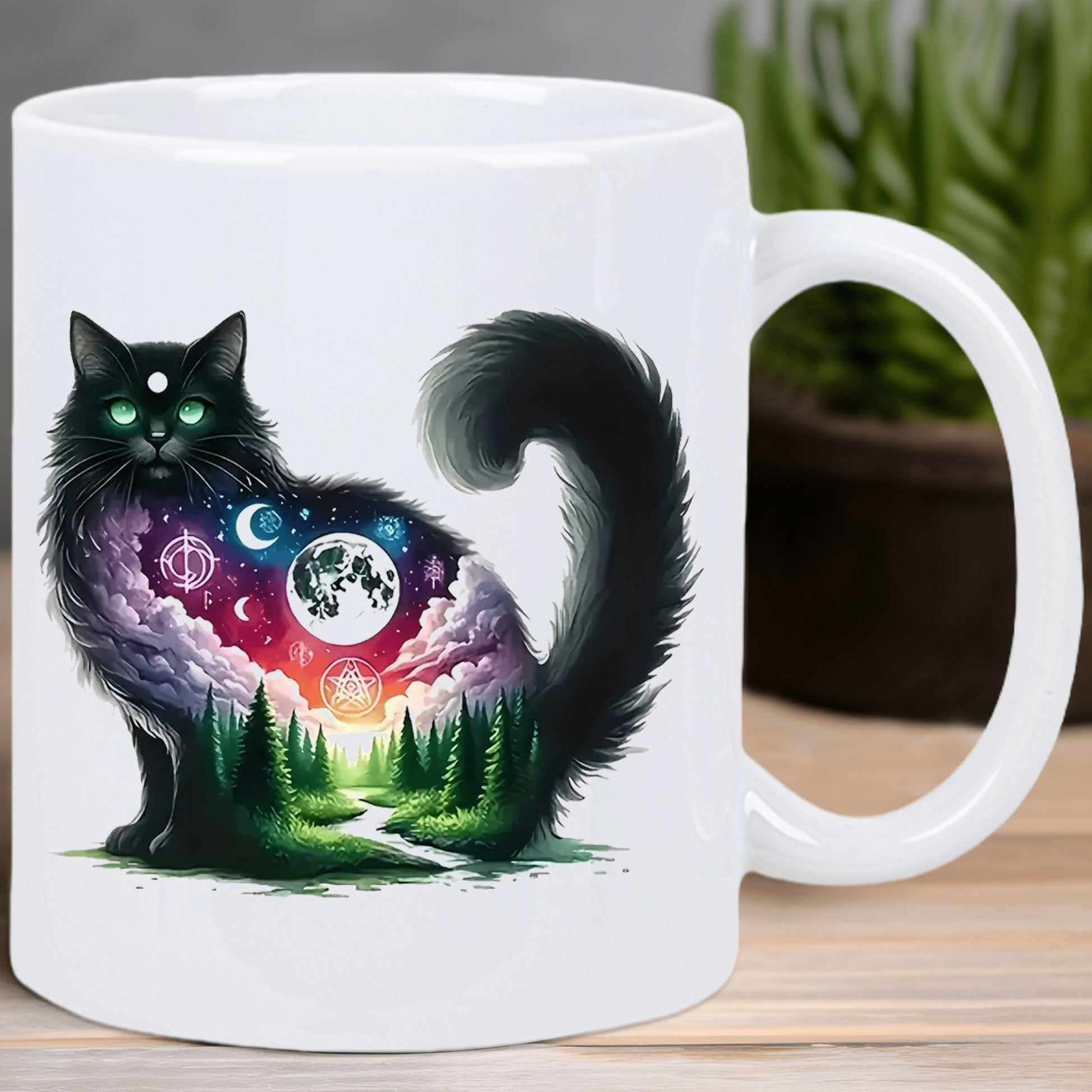Tailorly White Ceramic 11 oz Mug - Mystical Forest Landscape Within Silhouette Of Fluffy Midnight Starry Cat