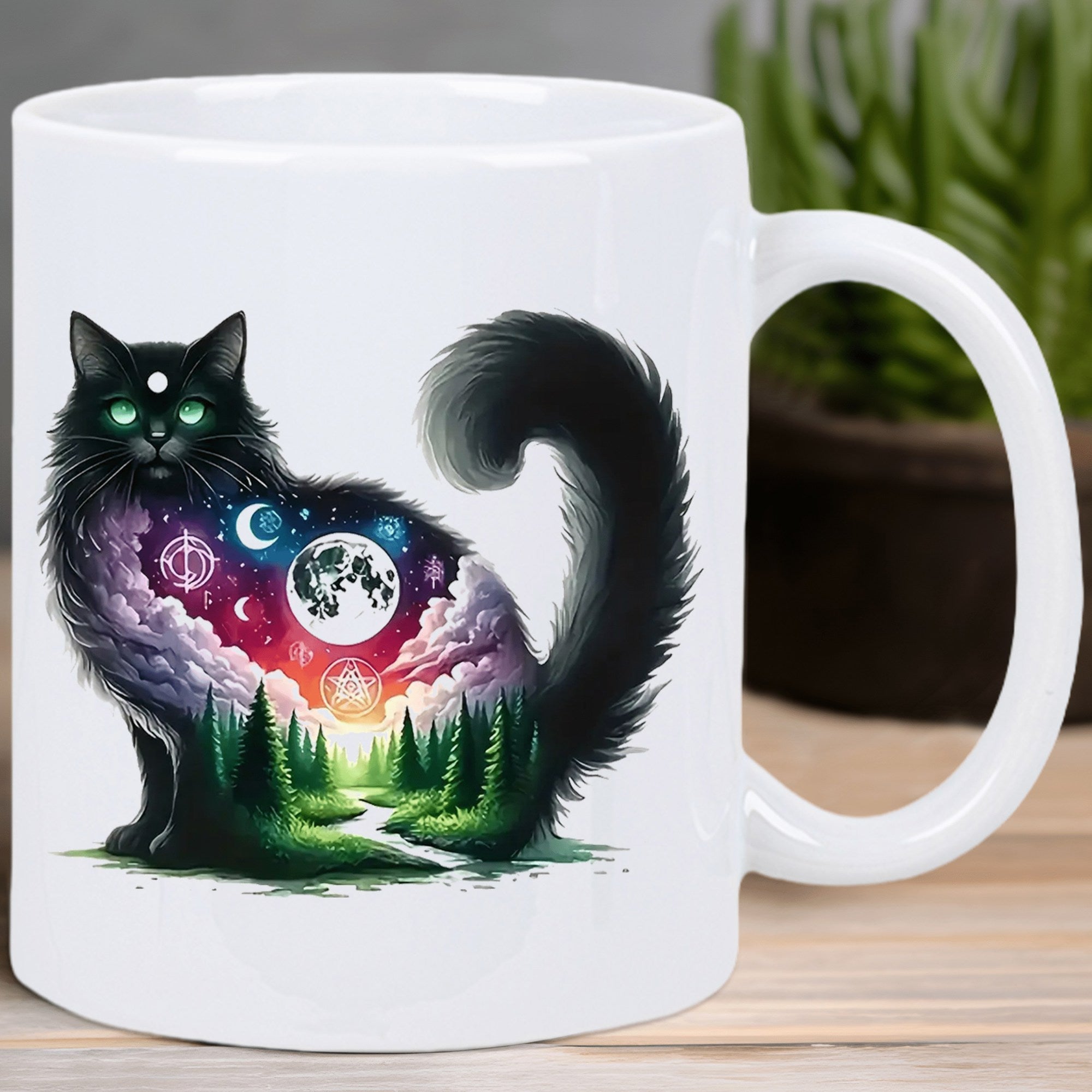 Tailorly White Ceramic 11 oz Mug - Mystical Forest Landscape Within Silhouette Of Fluffy Midnight Starry Cat