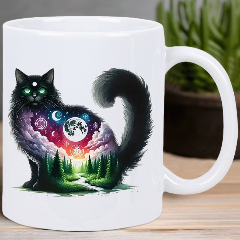 Tailorly White Ceramic 11 oz Mug - Mystical Forest Landscape Within Silhouette Of Fluffy Midnight Starry Cat