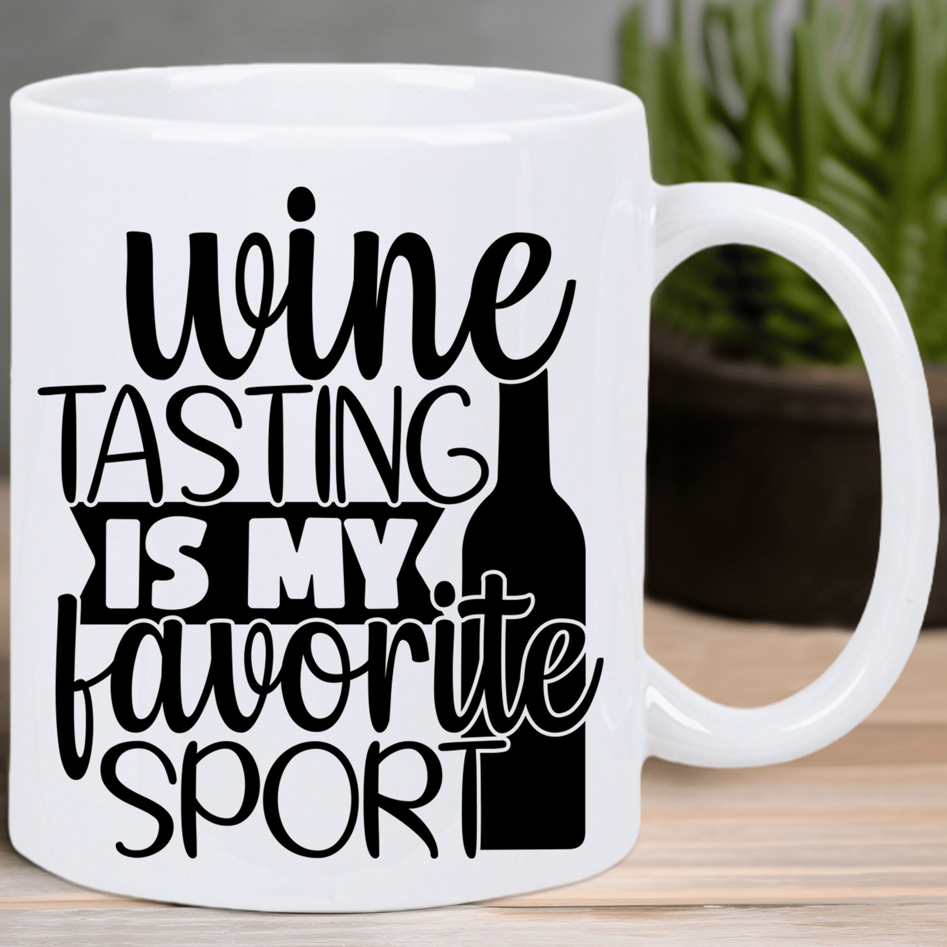 Tailorly White Ceramic 11 oz Mug - Wine Tasting Is My Favorite Sport Solid Black Silhouette Featuring Elegant Script Lettering Beside A Sleek Wine Bottle